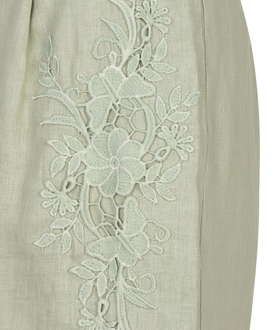 ESQUALO Adaline Sage 100% Linen Shorts – Lace Detail Belted Summer Shorts