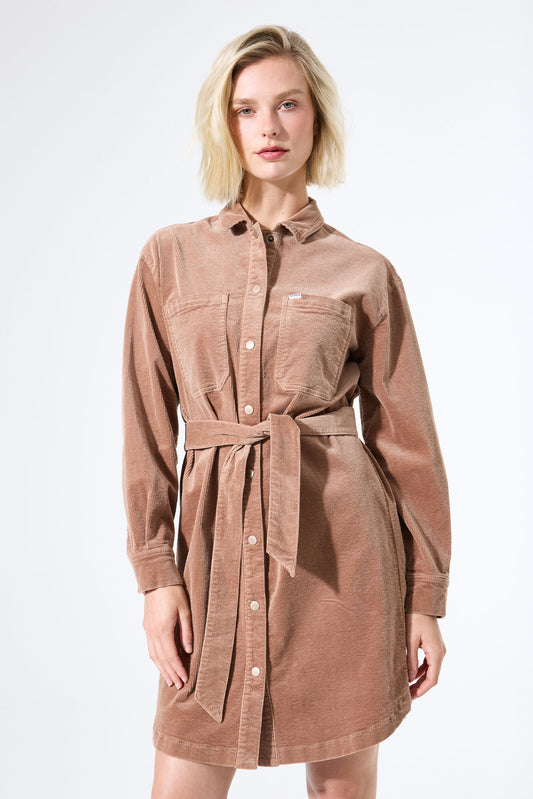 GARCIA TEDDY Tan Corduroy Belted Button Dress