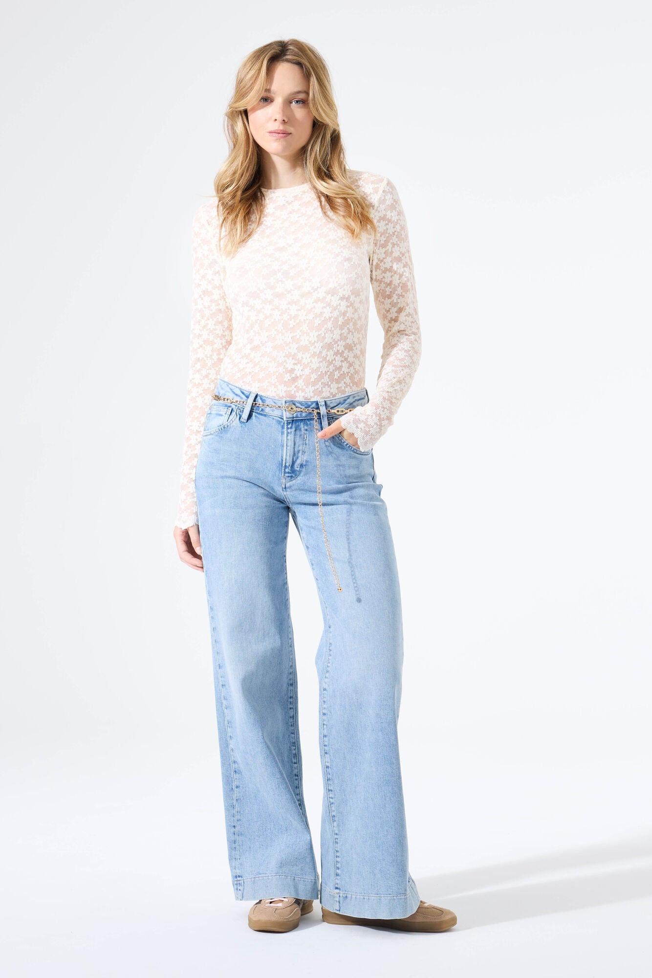 GARCIA Charlotte White Lace Mesh Longsleeve Top