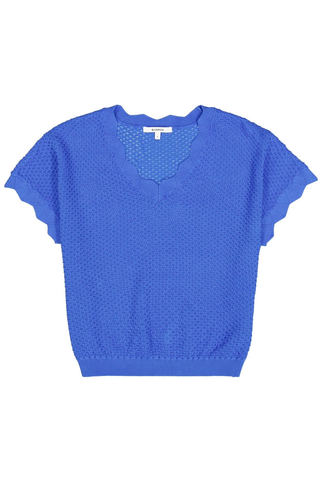 GARCIA NORA Blue Textured V-Neck Knit Top | Lightweight Short Sleeve Sweater