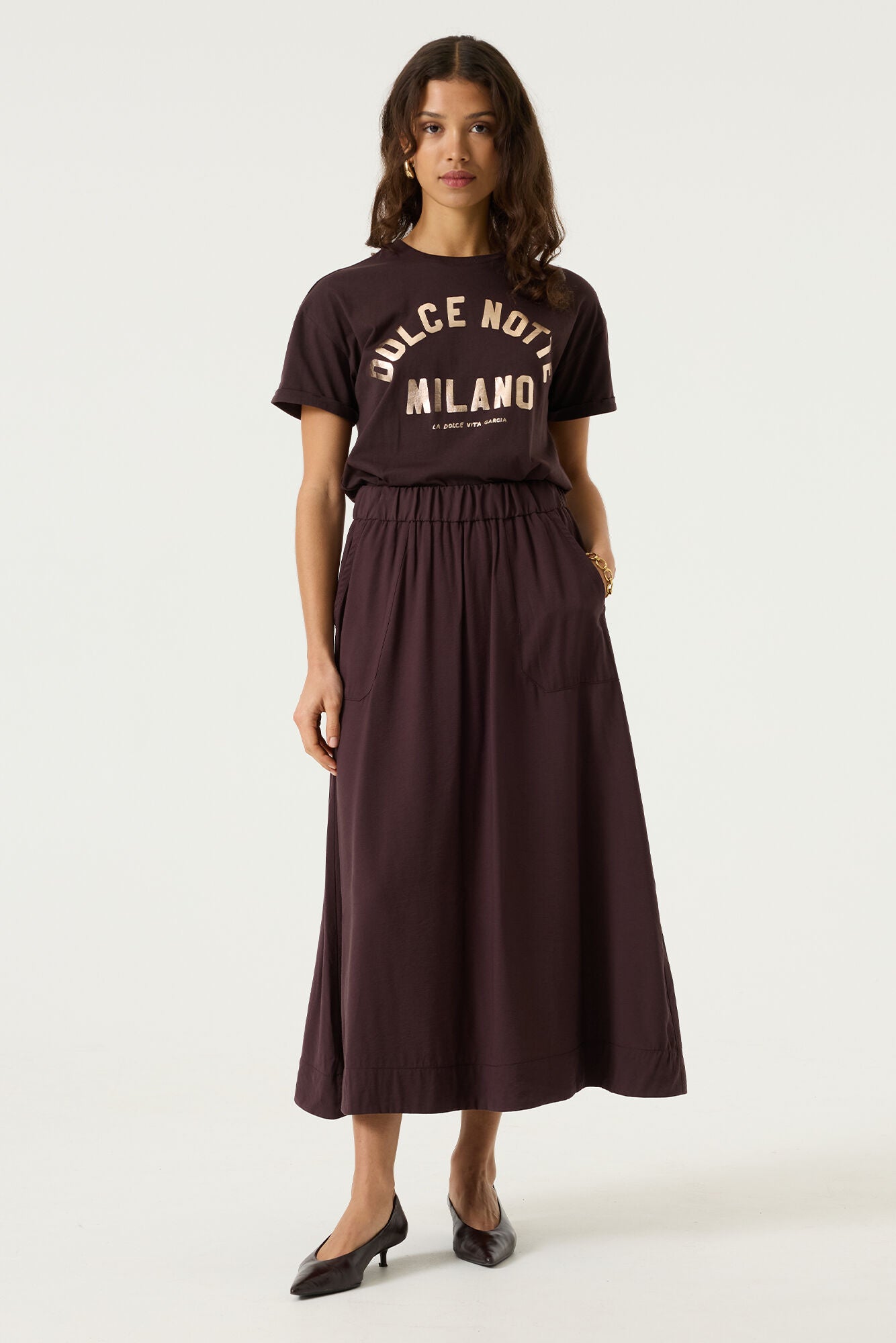 GARCIA TERRA Brown Crinkle Midi Skirt – Elastic Waist Flowy Skirt