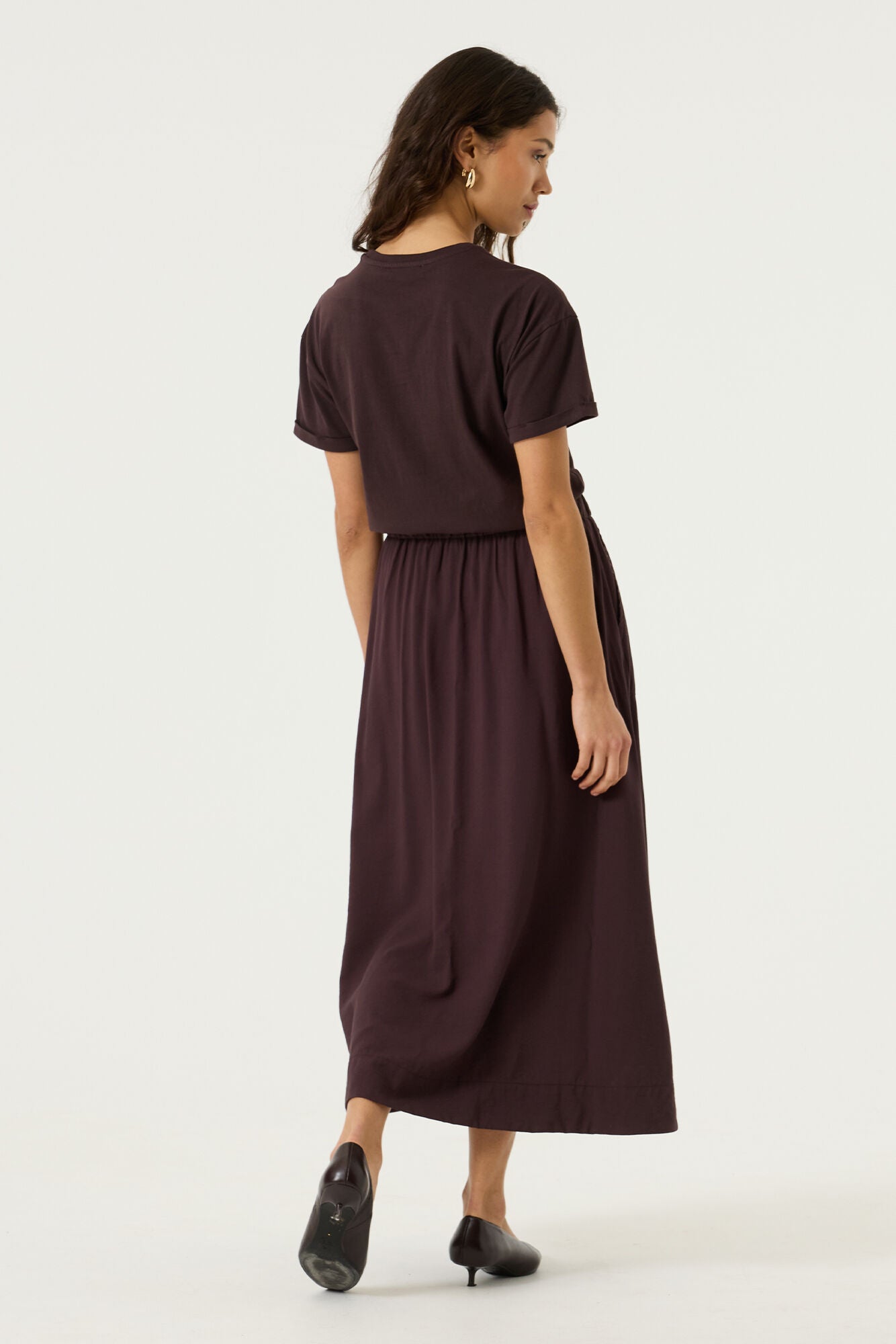 GARCIA TERRA Brown Crinkle Midi Skirt – Elastic Waist Flowy Skirt