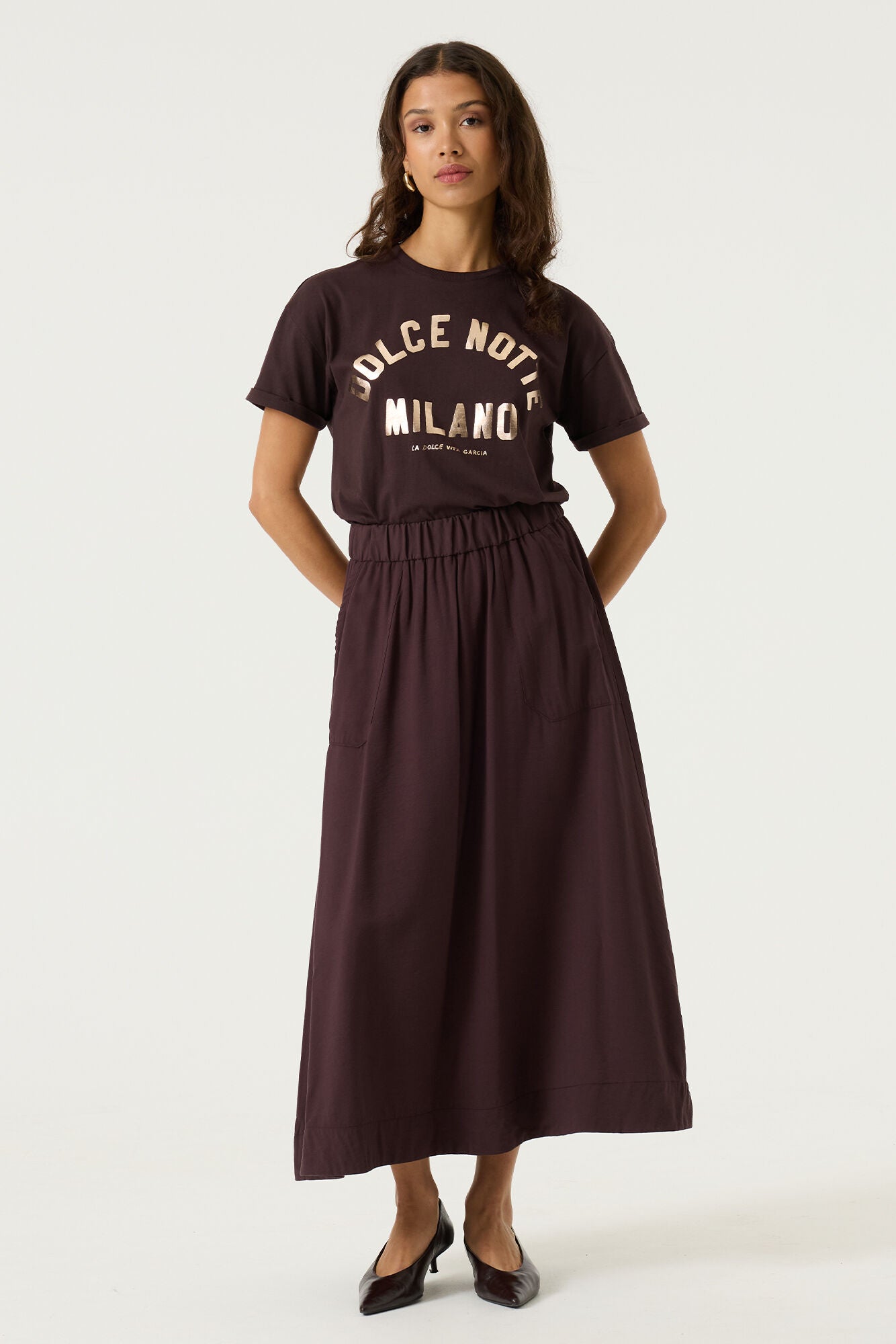 GARCIA TERRA Brown Crinkle Midi Skirt – Elastic Waist Flowy Skirt