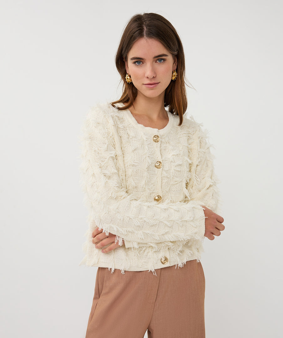 ESQUALO SALLY Cream Fringe Gold Button Knit