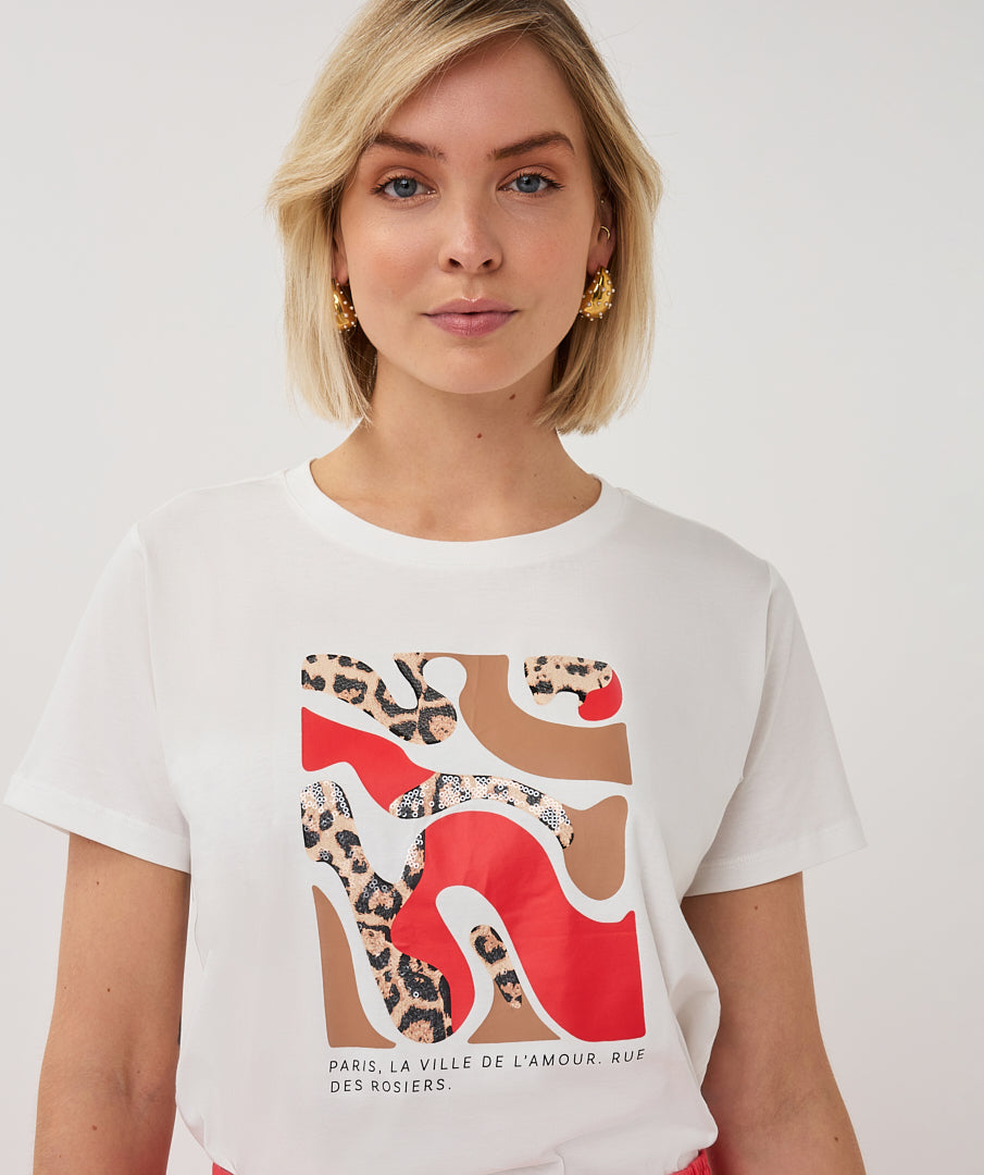 ESQUALO SPICY PARIS Leopard Colorful Graphic White Tee
