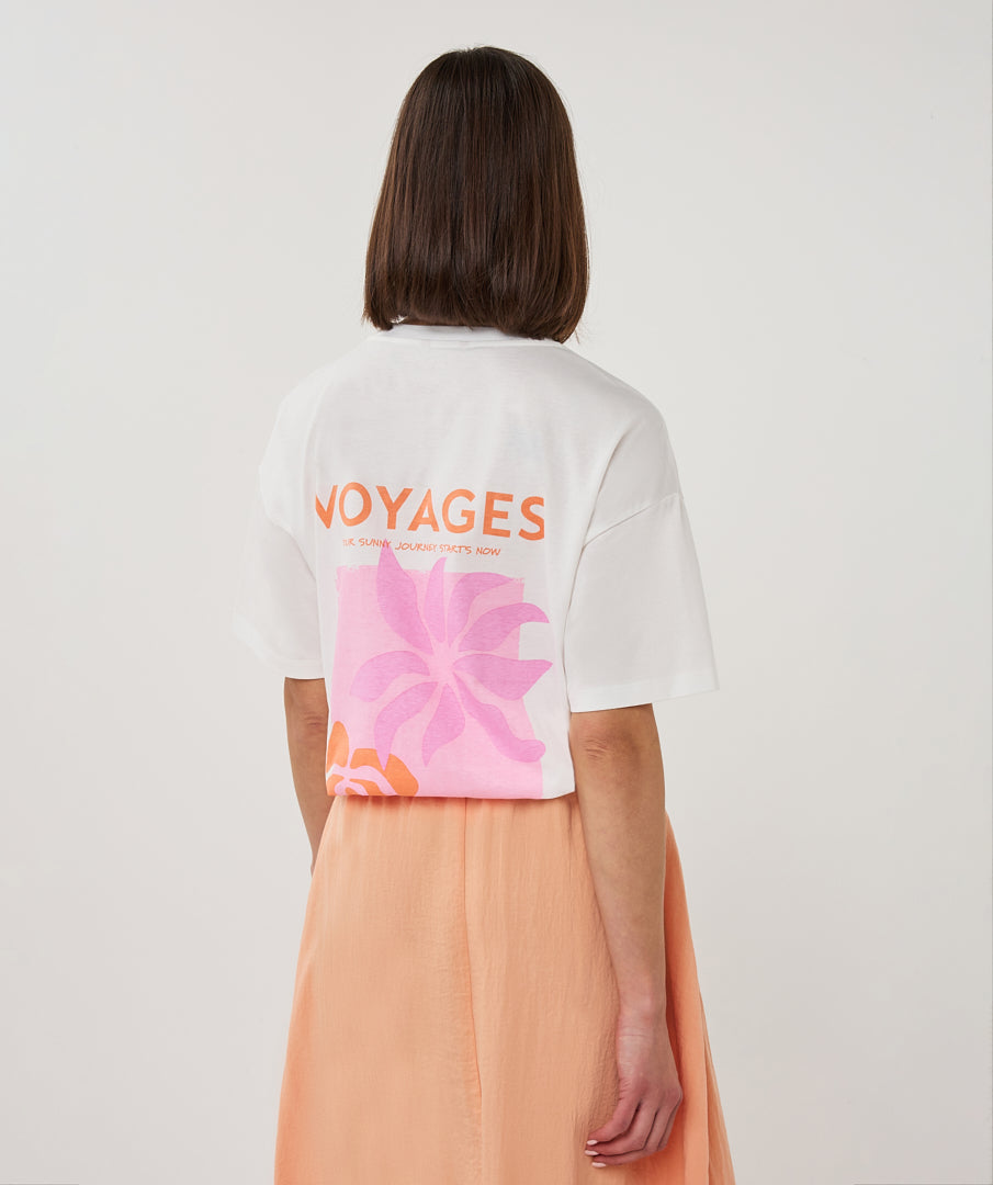 ESQUALO GIGI TRAVEL Exotic Colorful Floral Print White Tee