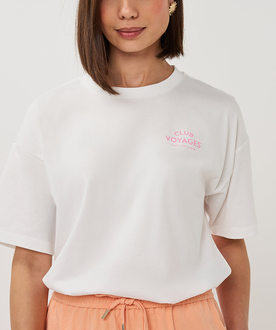 ESQUALO GIGI TRAVEL Exotic Colorful Floral Print White Tee