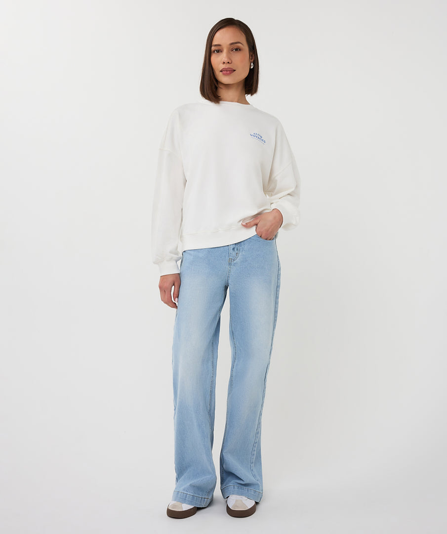 ESQUALO CITIES White & Blue Graphic Crewneck Sweater