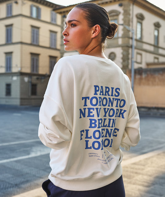 ESQUALO CITIES White & Blue Graphic Crewneck Sweater