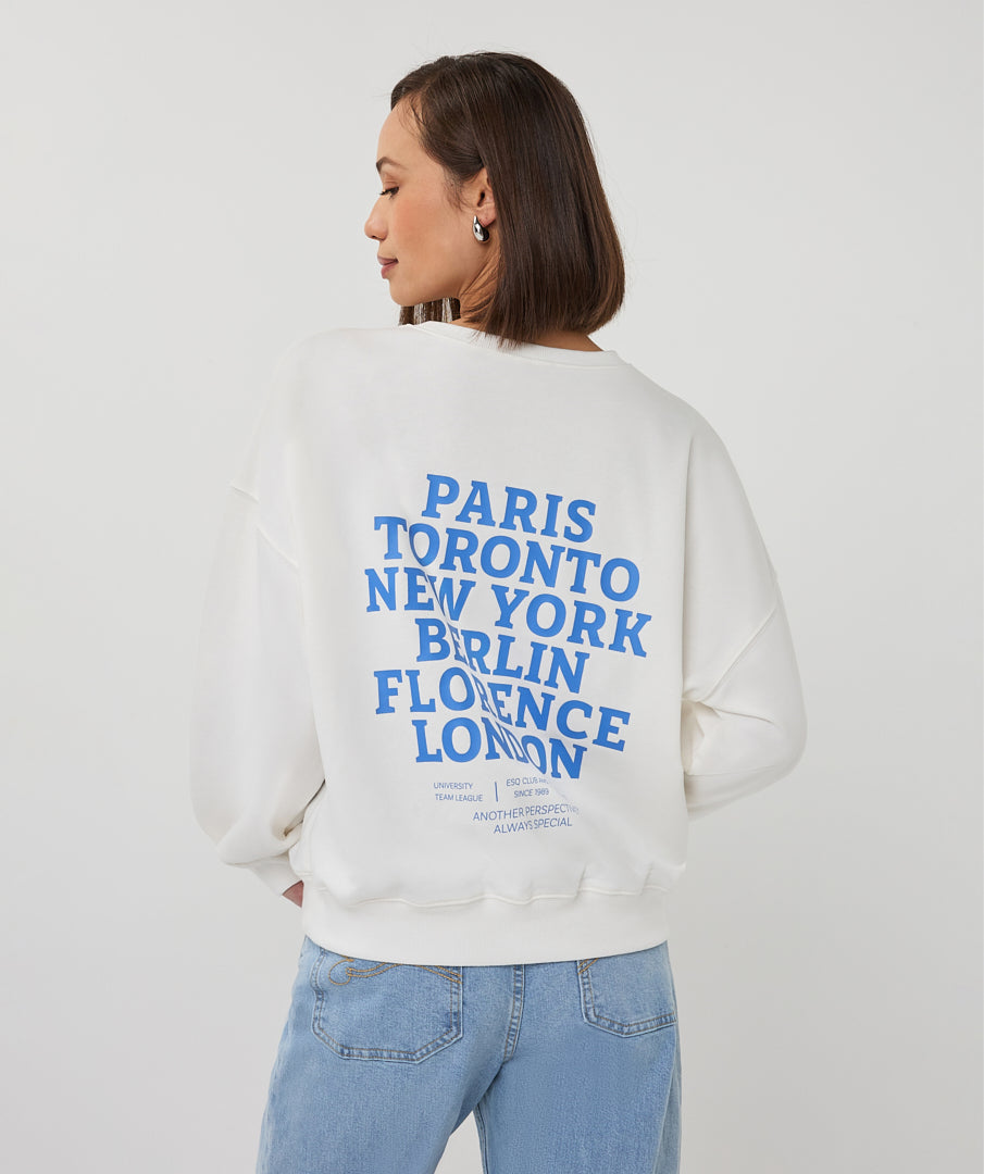 ESQUALO CITIES White & Blue Graphic Crewneck Sweater