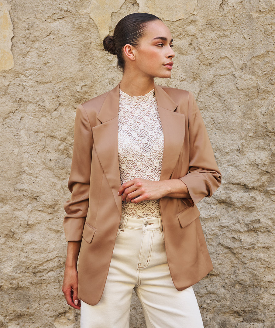 ESQUALO EMERY Tan Cappucino Café 3/4 Sleeve Luxe Blazer Jacket