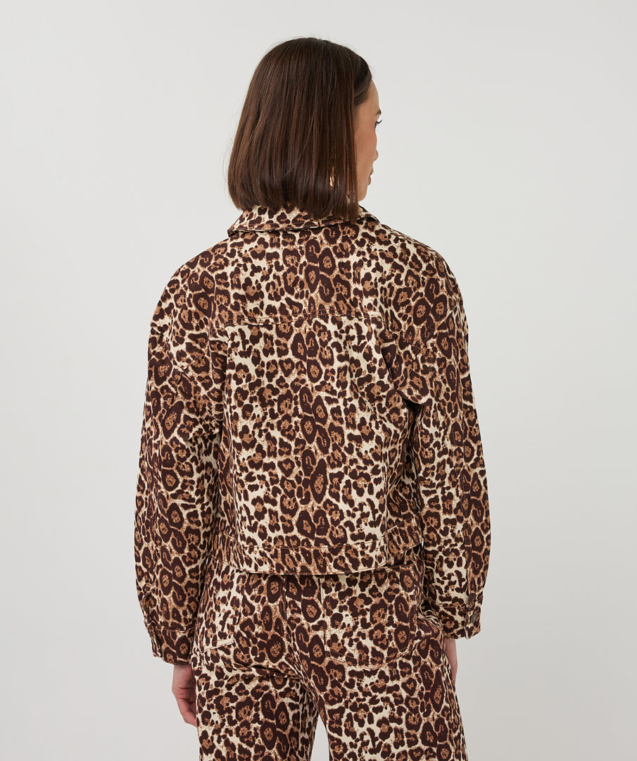 ESQUALO ASHTON Leopard Boxy Fit Denim Jean Jacket