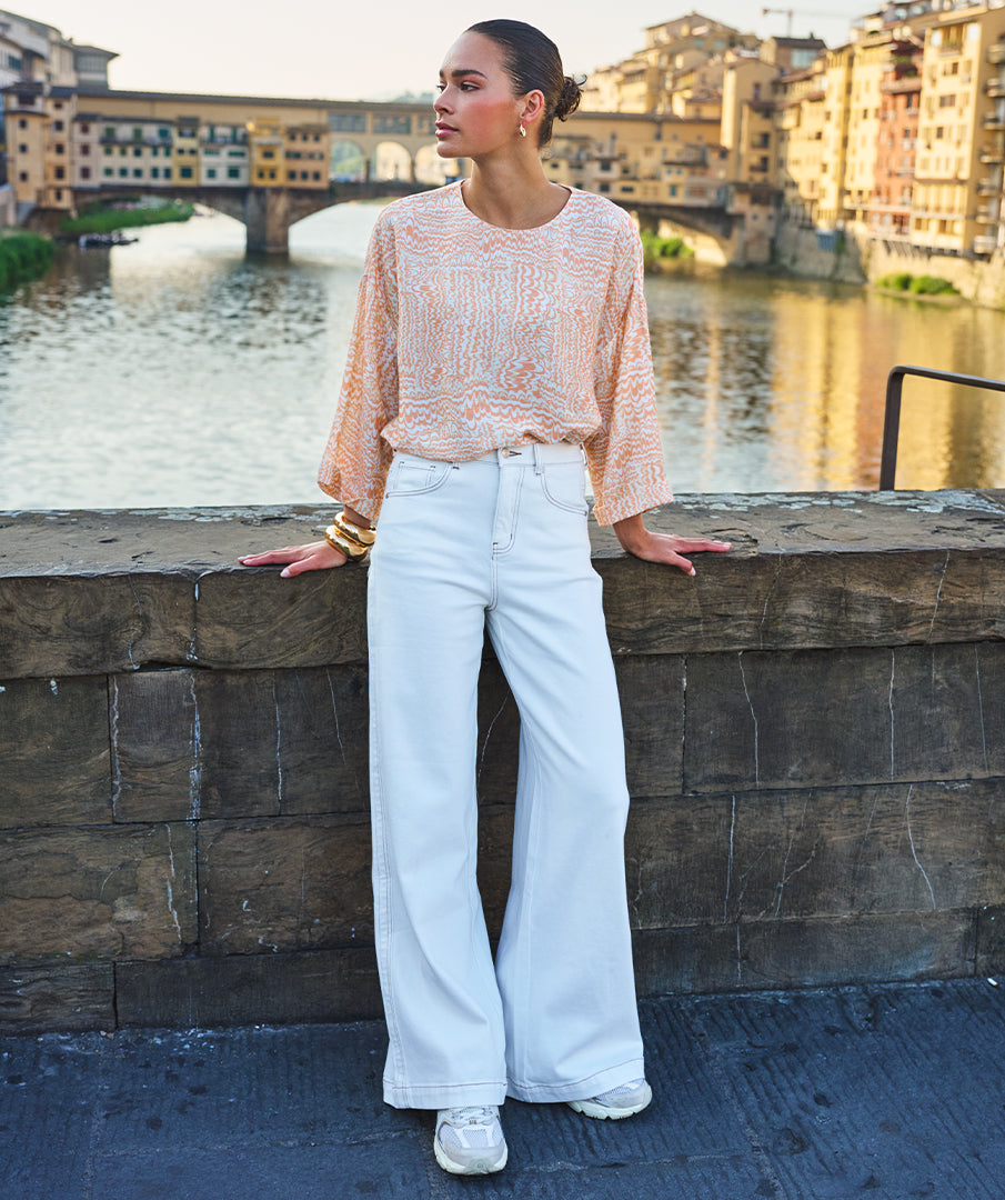 ESQUALO CLÉMENCE Crisp White Wide-Leg Denim Jean & Tan Cross-Stitching