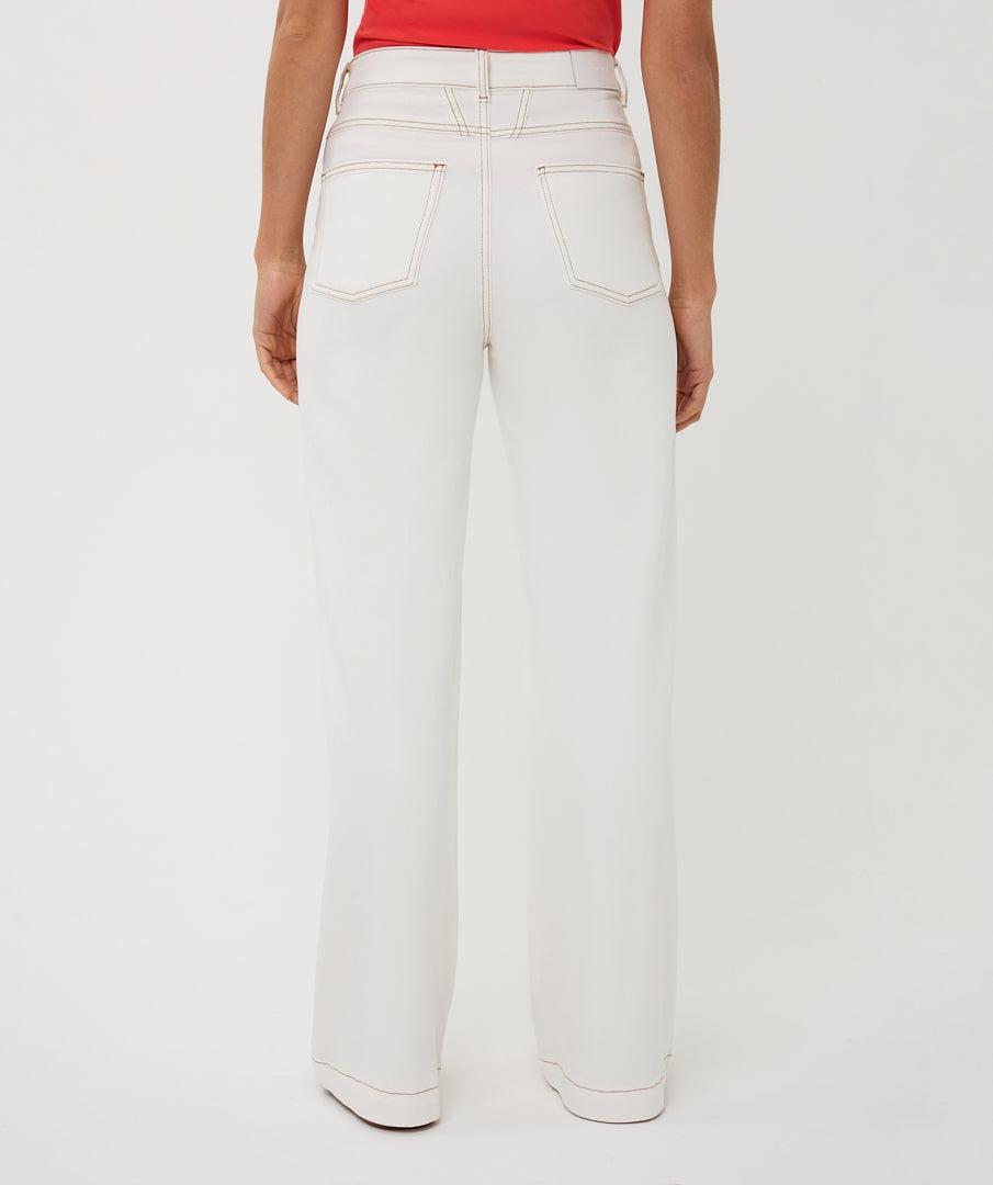 ESQUALO CLÉMENCE Crisp White Wide-Leg Denim Jean & Tan Cross-Stitching