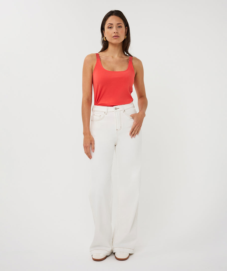 ESQUALO CLÉMENCE Crisp White Wide-Leg Denim Jean & Tan Cross-Stitching