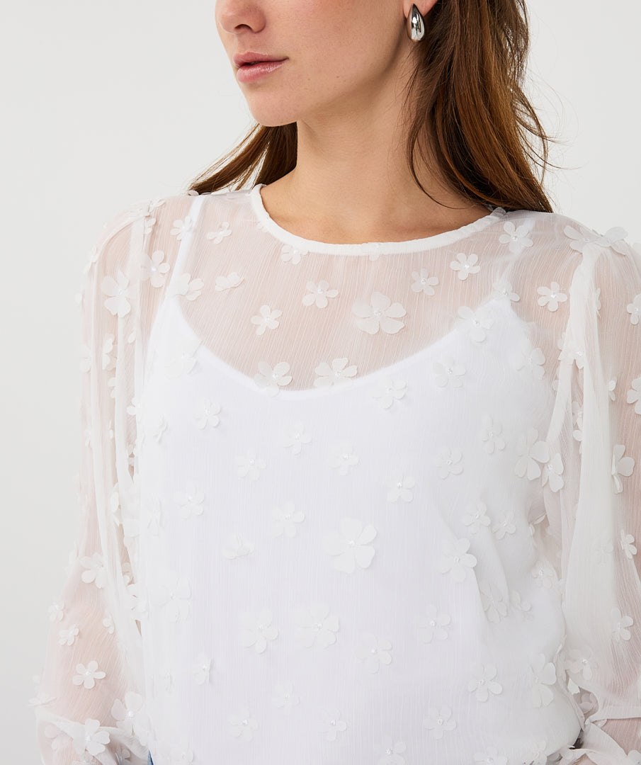 ESQUALO DAISY Elegant Floral Appliqué Sheer Blouse