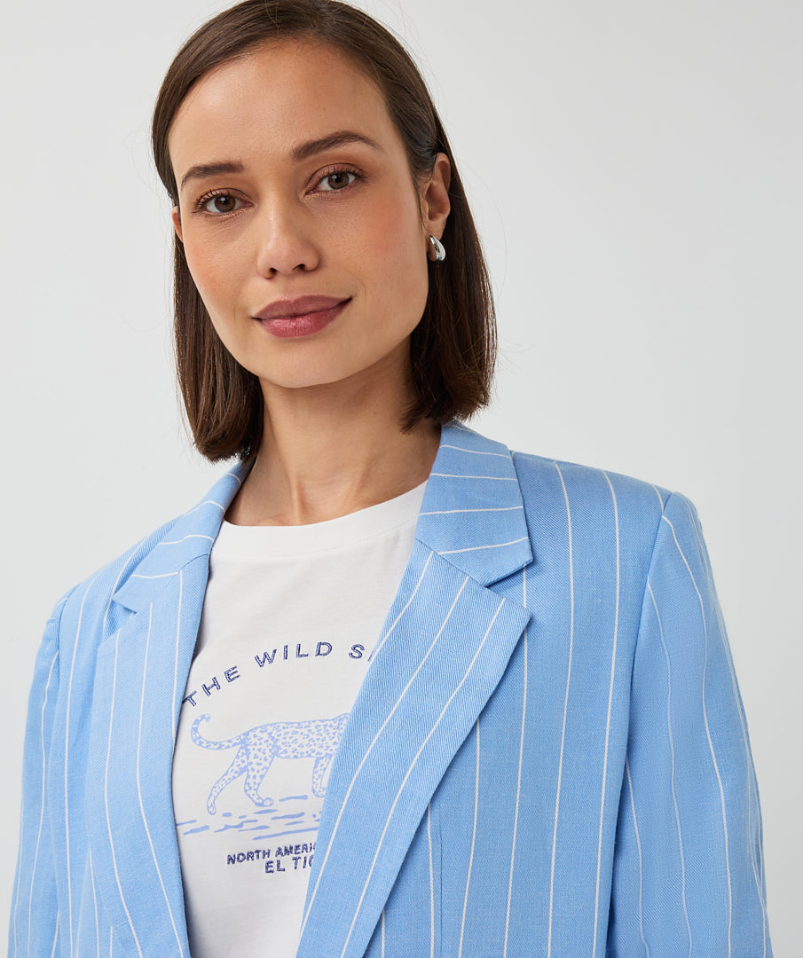 ESQUALO Blue White Striped Linen Blend Blazer