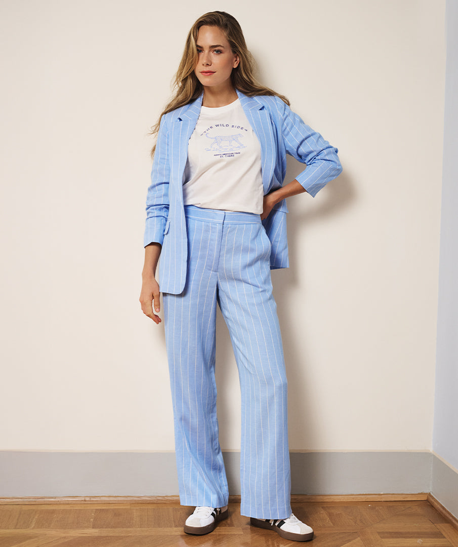 ESQUALO Blue White Striped Linen Blend Blazer