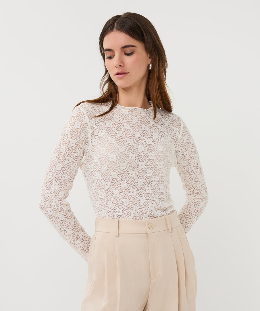 ESQUALO Valentina Cream Sheer Lace Mesh Longsleeve Top