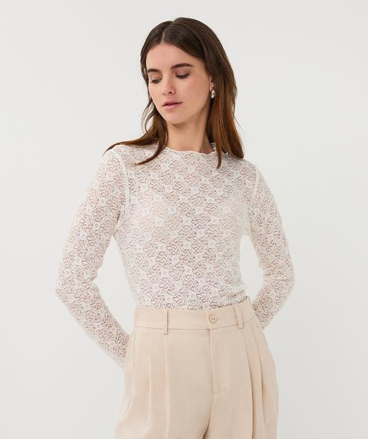 ESQUALO Valentina Cream Sheer Lace Mesh Longsleeve Top