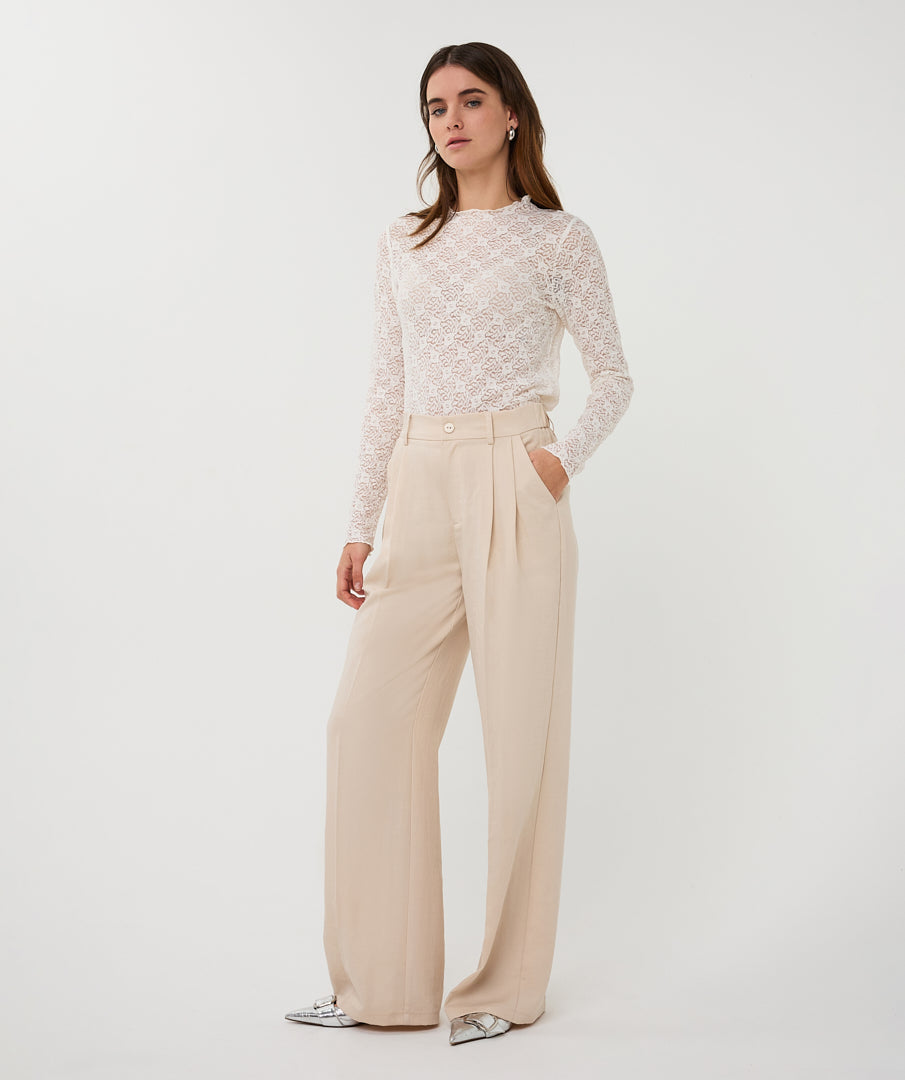 ESQUALO Valentina Cream Sheer Lace Mesh Longsleeve Top