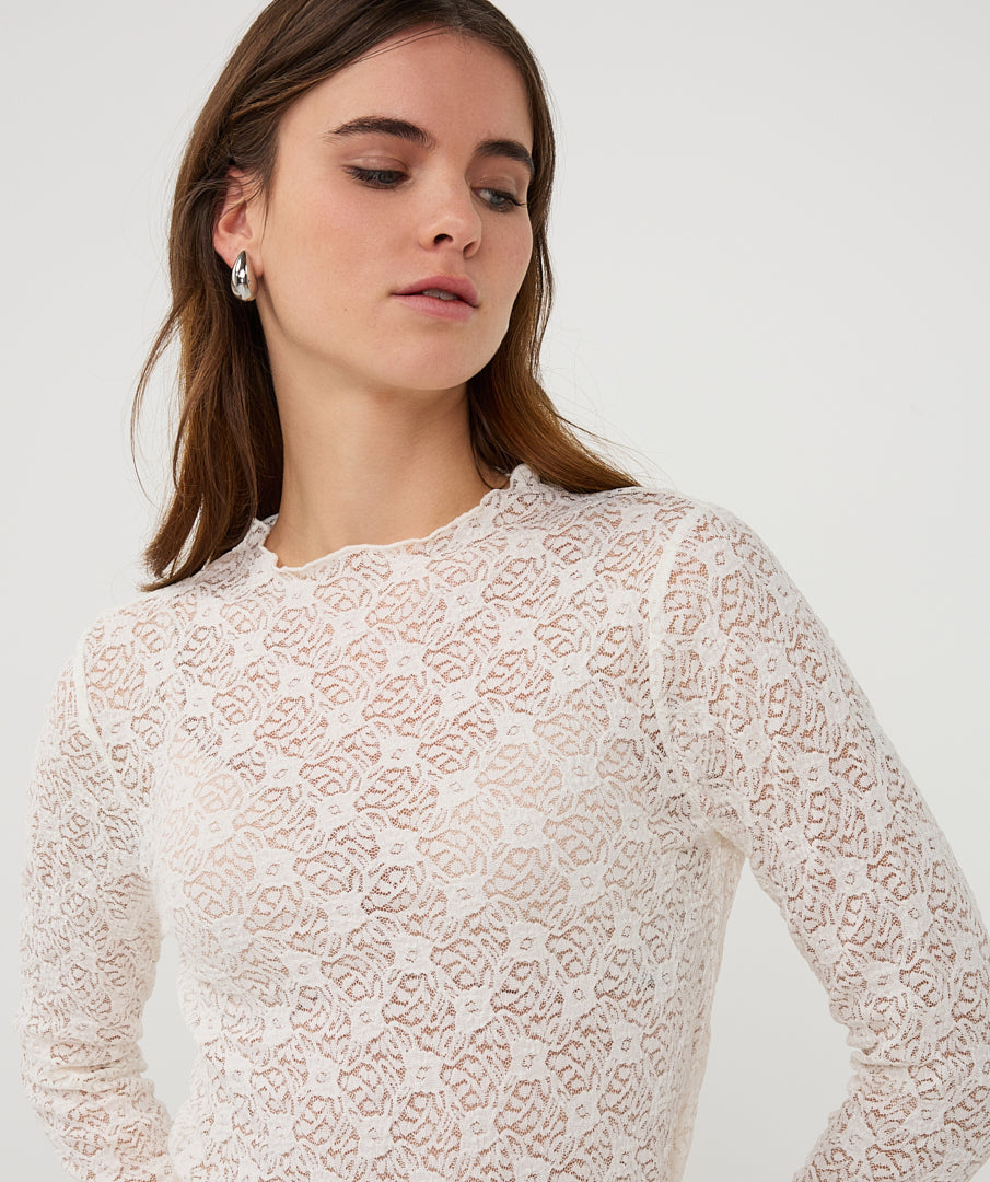 ESQUALO Valentina Cream Sheer Lace Mesh Longsleeve Top