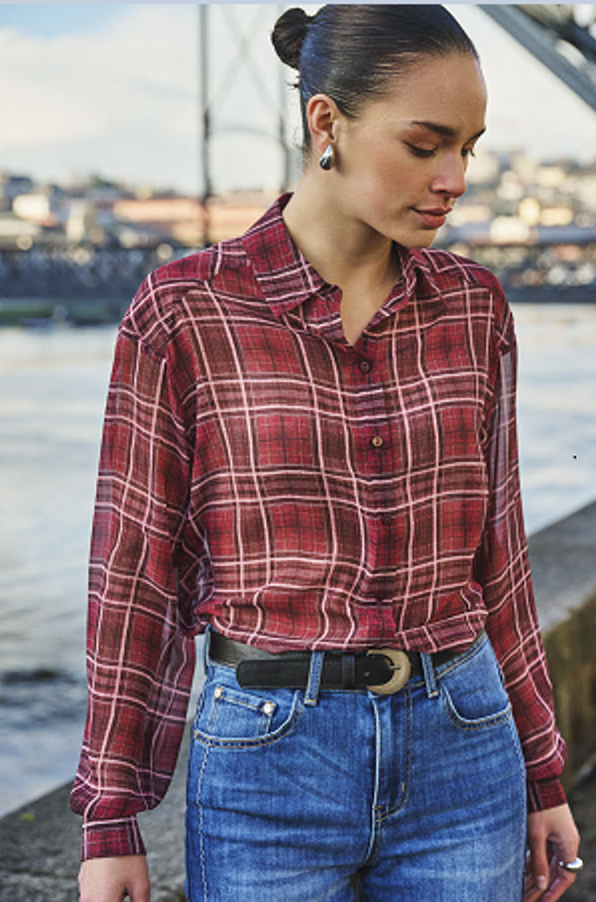 ESQUALO LENNY Merlot Chiffon Plaid Button-Up Blouse