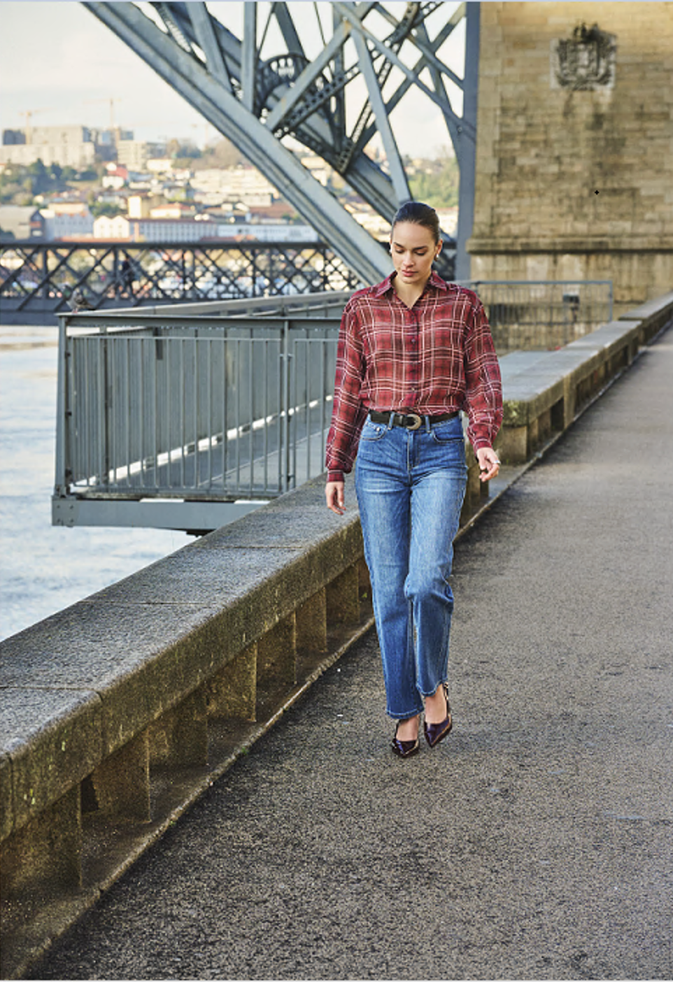 ESQUALO LENNY Merlot Chiffon Plaid Button-Up Blouse