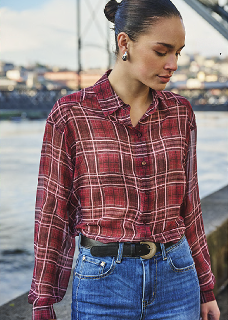 ESQUALO LENNY Merlot Chiffon Plaid Button-Up Blouse