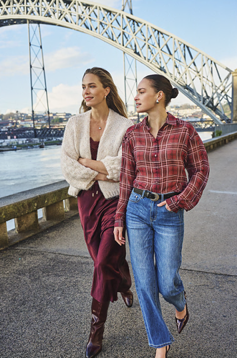 ESQUALO LENNY Merlot Chiffon Plaid Button-Up Blouse