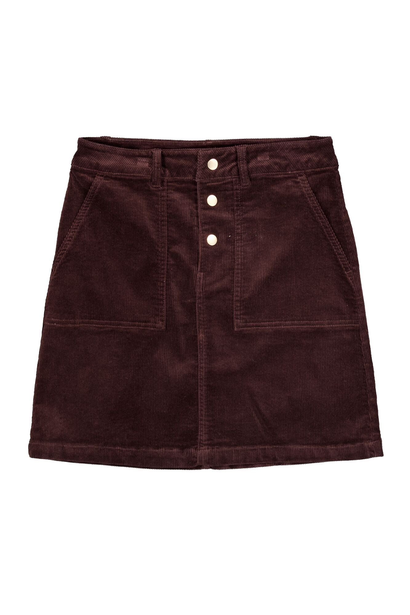 GARCIA BREE Chocolate Brown Corduroy Mini Skirt – High-Waisted Button Front Skirt