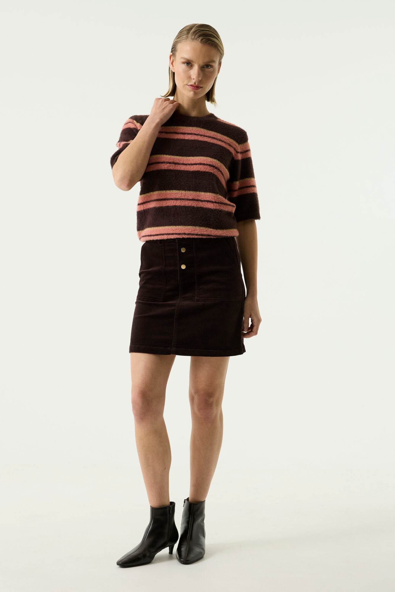 GARCIA BREE Chocolate Brown Corduroy Mini Skirt – High-Waisted Button Front Skirt