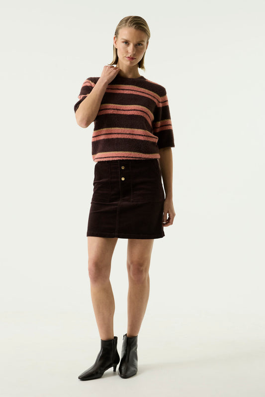 GARCIA BREE Chocolate Brown Corduroy Mini Skirt – High-Waisted Button Front Skirt