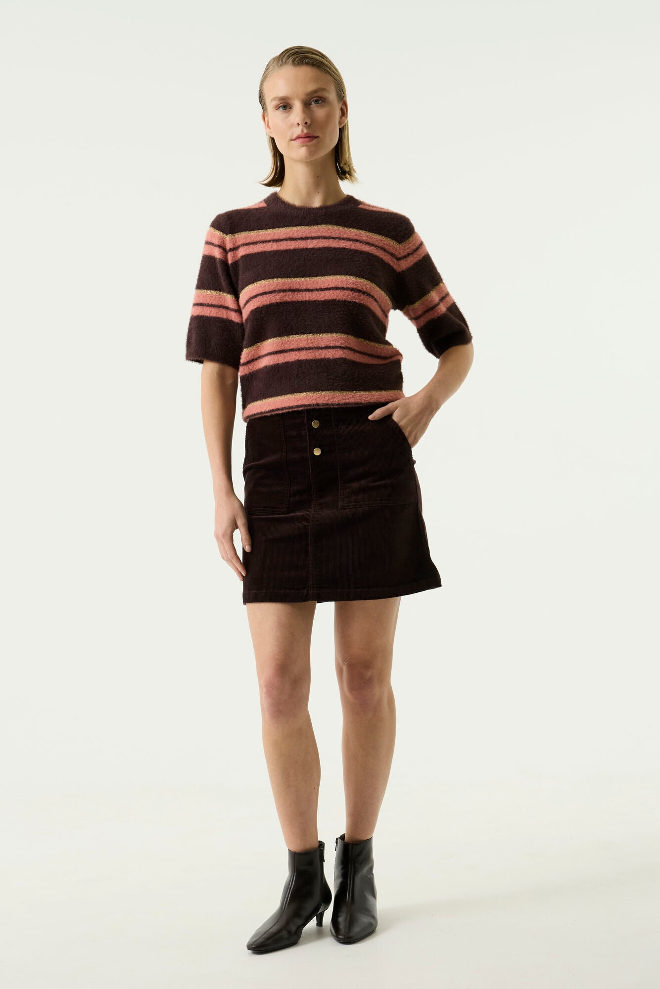 GARCIA BREE Chocolate Brown Corduroy Mini Skirt – High-Waisted Button Front Skirt