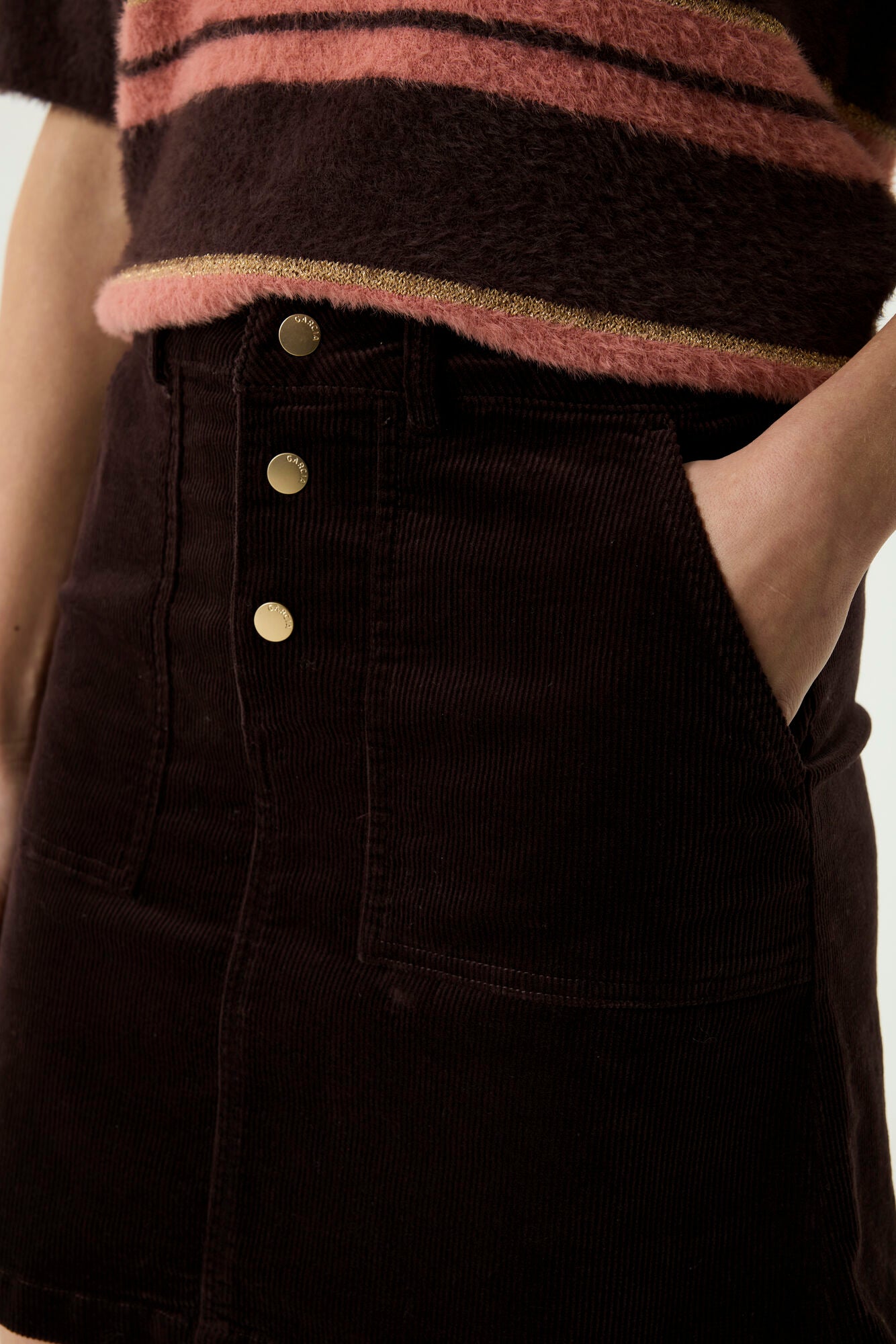 GARCIA BREE Chocolate Brown Corduroy Mini Skirt – High-Waisted Button Front Skirt
