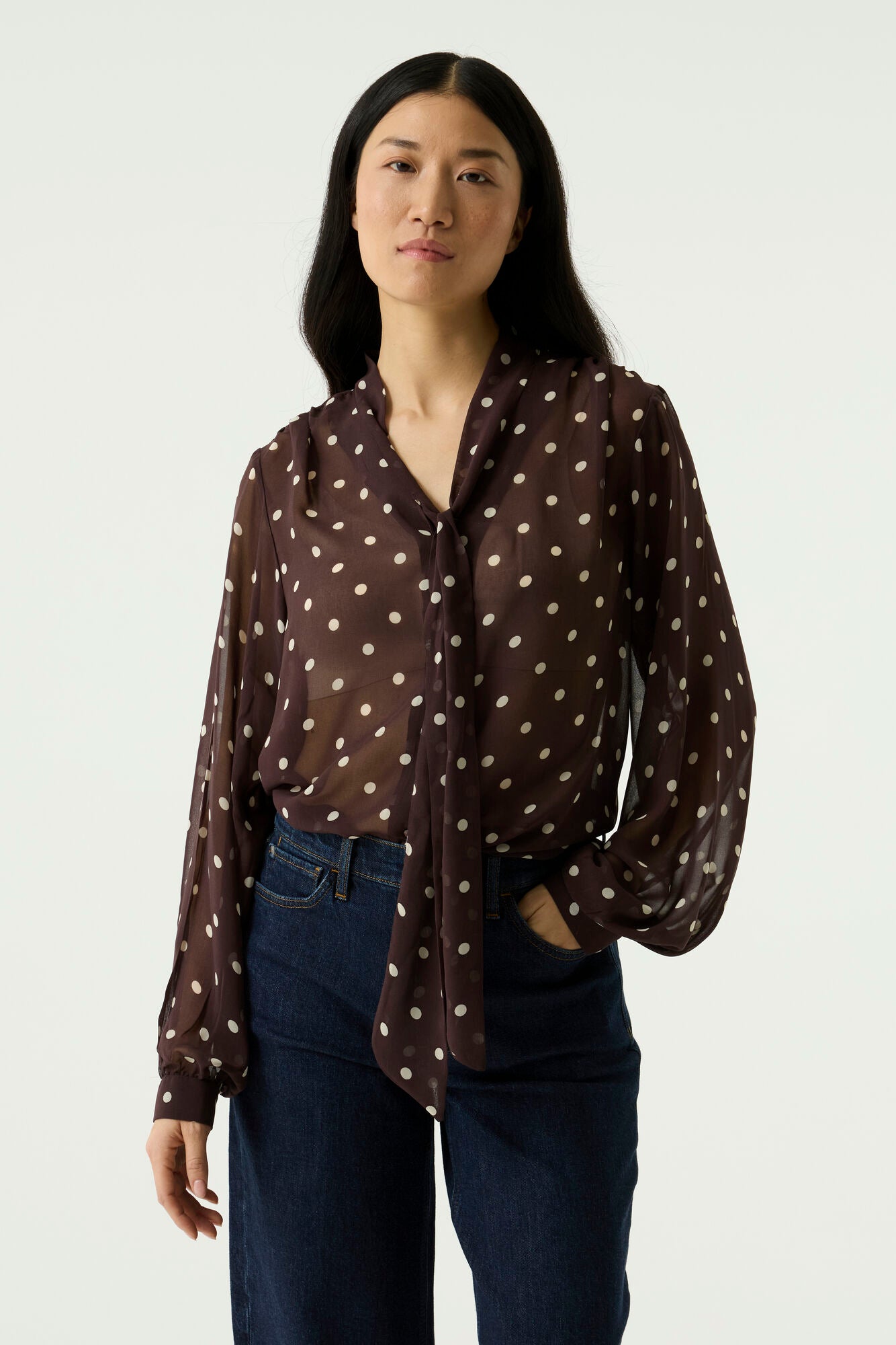 GARCIA DIANA Chocolate Brown Polka Dot Chiffon Tie-Neck Blouse