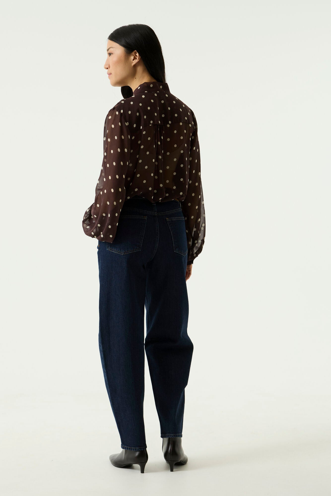 GARCIA DIANA Chocolate Brown Polka Dot Chiffon Tie-Neck Blouse