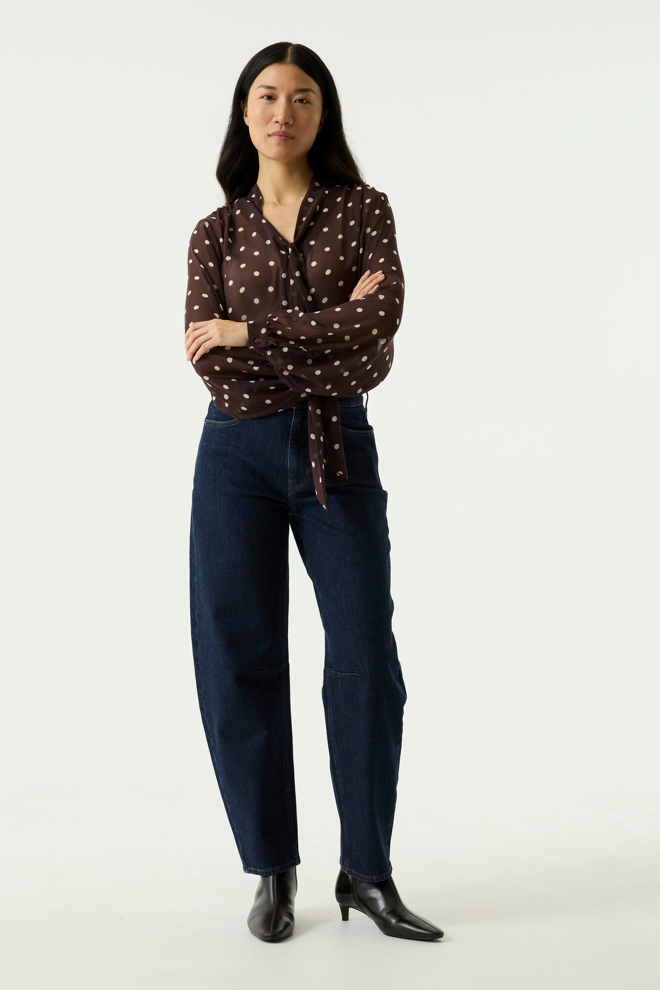 GARCIA DIANA Chocolate Brown Polka Dot Chiffon Tie-Neck Blouse