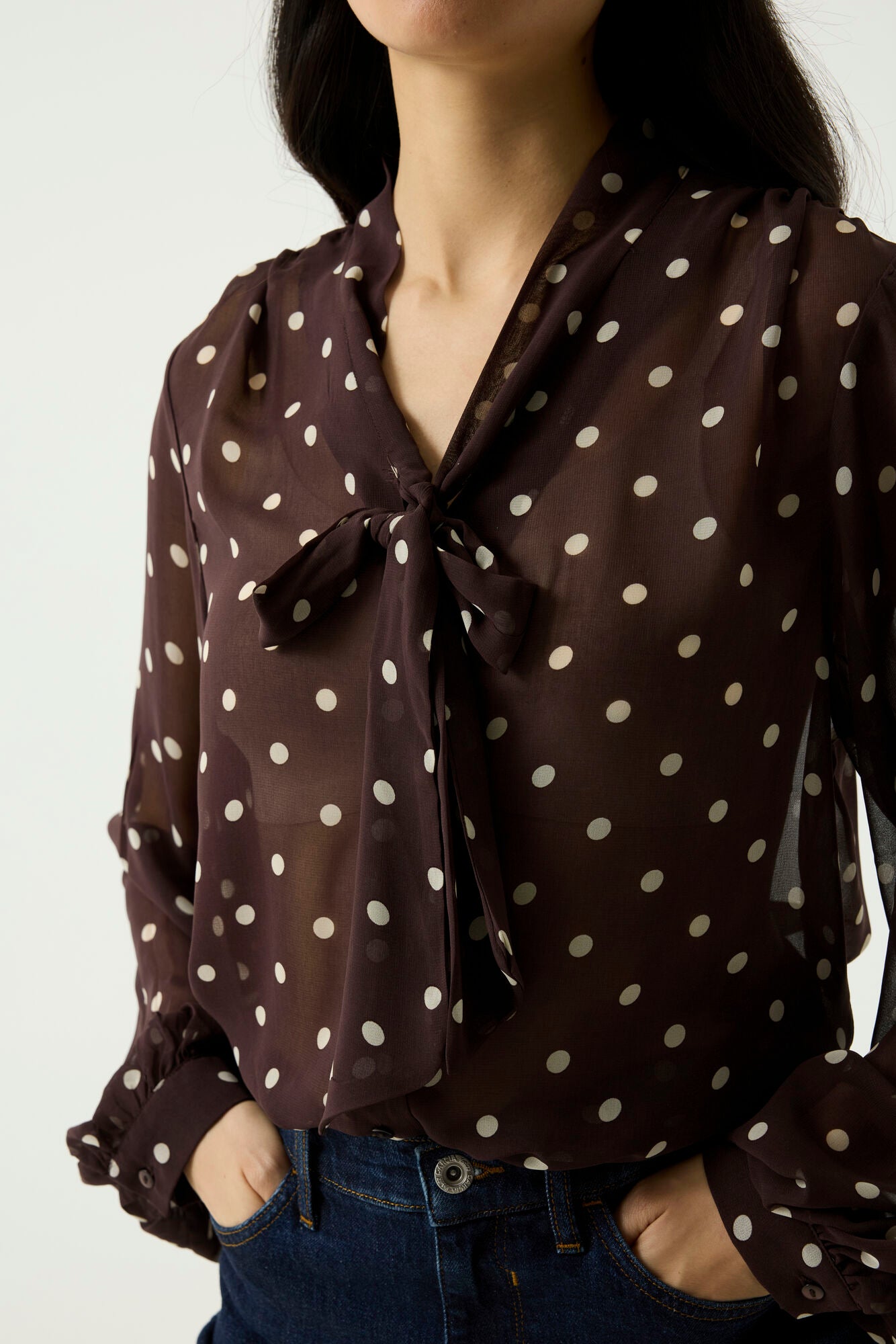 GARCIA DIANA Chocolate Brown Polka Dot Chiffon Tie-Neck Blouse