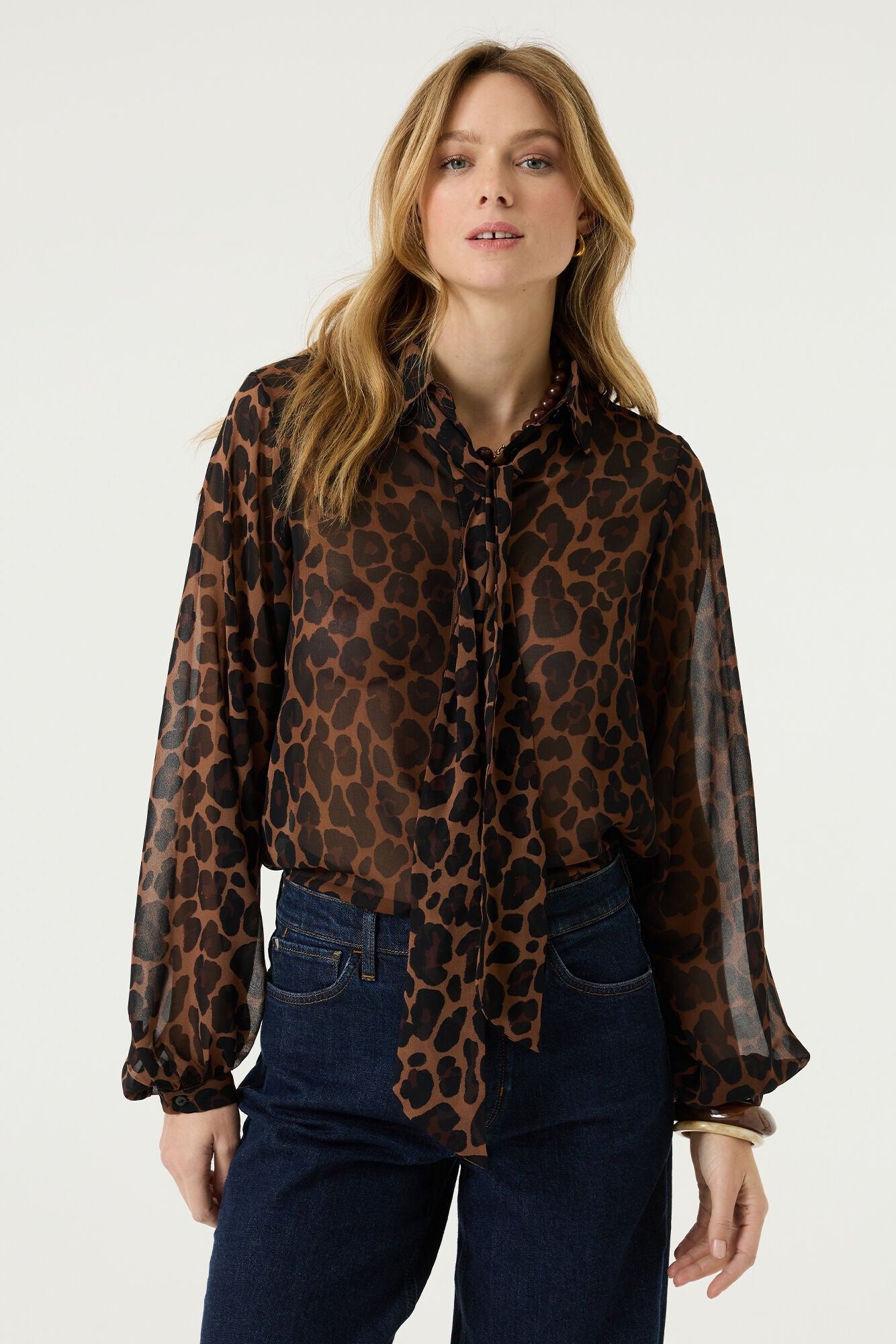 GARCIA JACKIE Brown Leopard Print Chiffon Tie-Neck Blouse