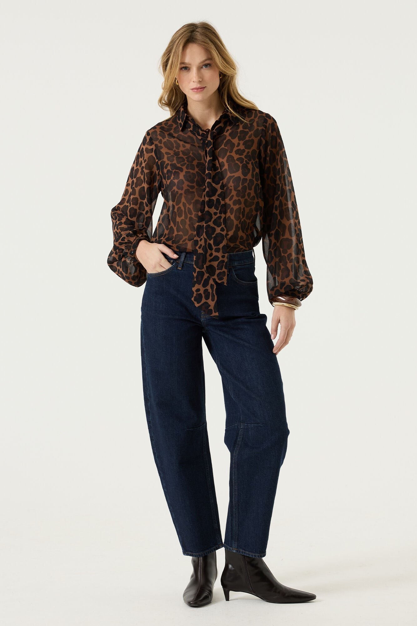 GARCIA JACKIE Brown Leopard Print Chiffon Tie-Neck Blouse