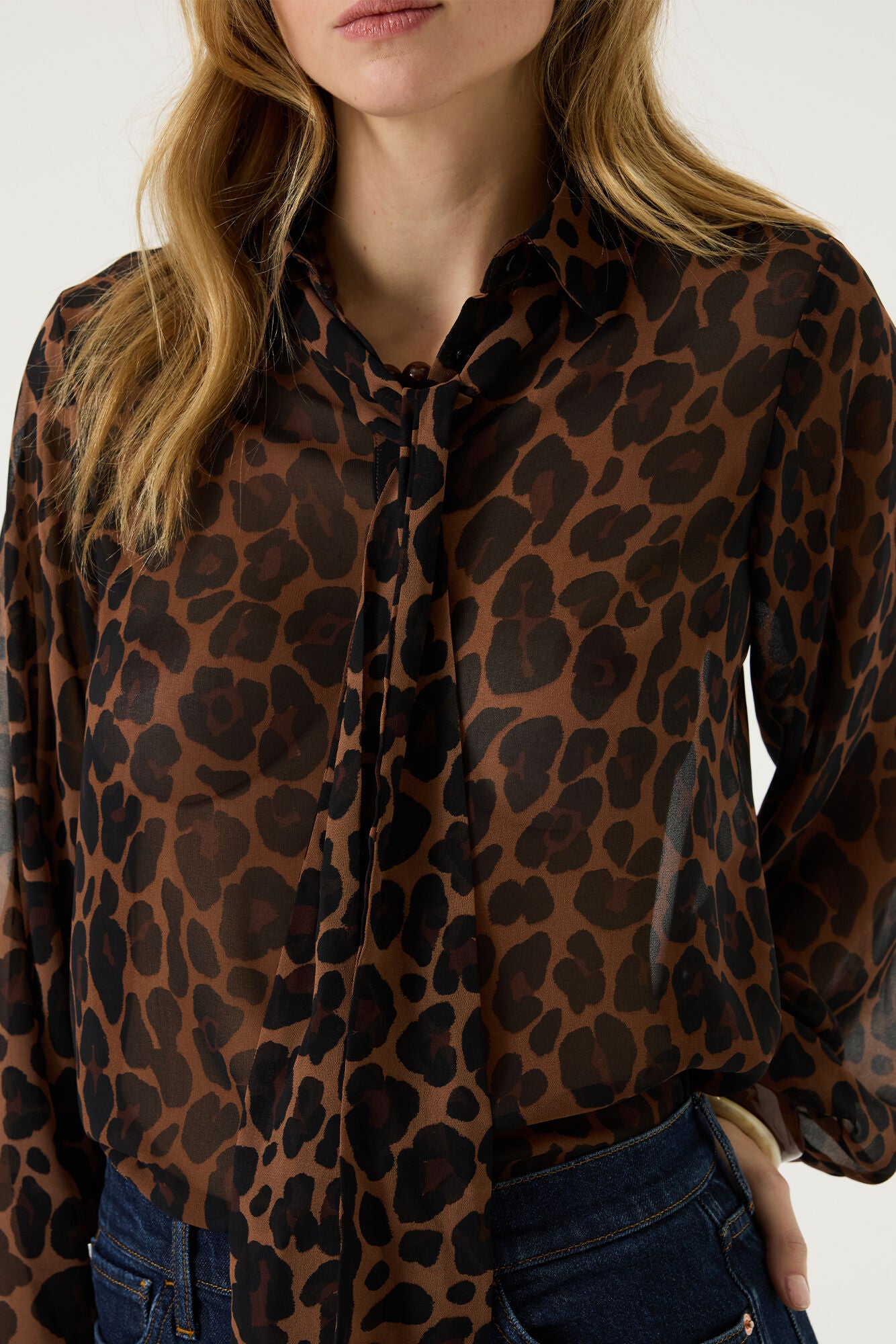 GARCIA JACKIE Brown Leopard Print Chiffon Tie-Neck Blouse