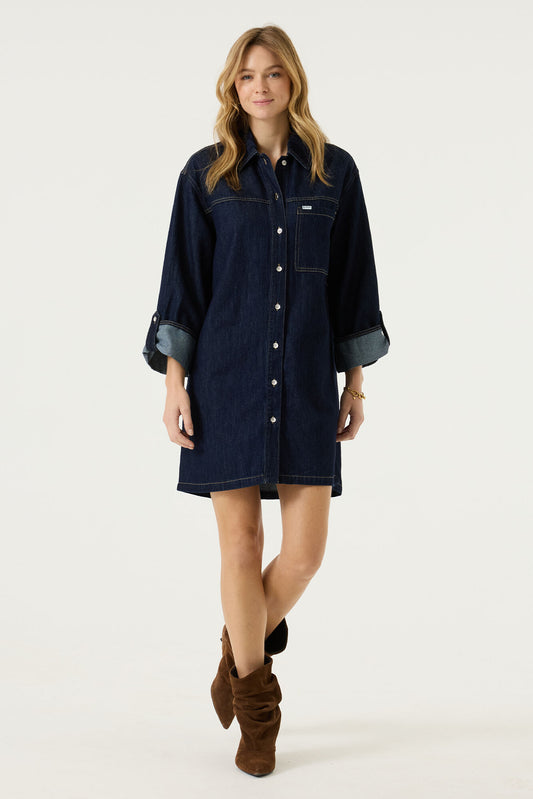 GARCIA DELPHINE Dark Blue Denim Belted Shirt Dress