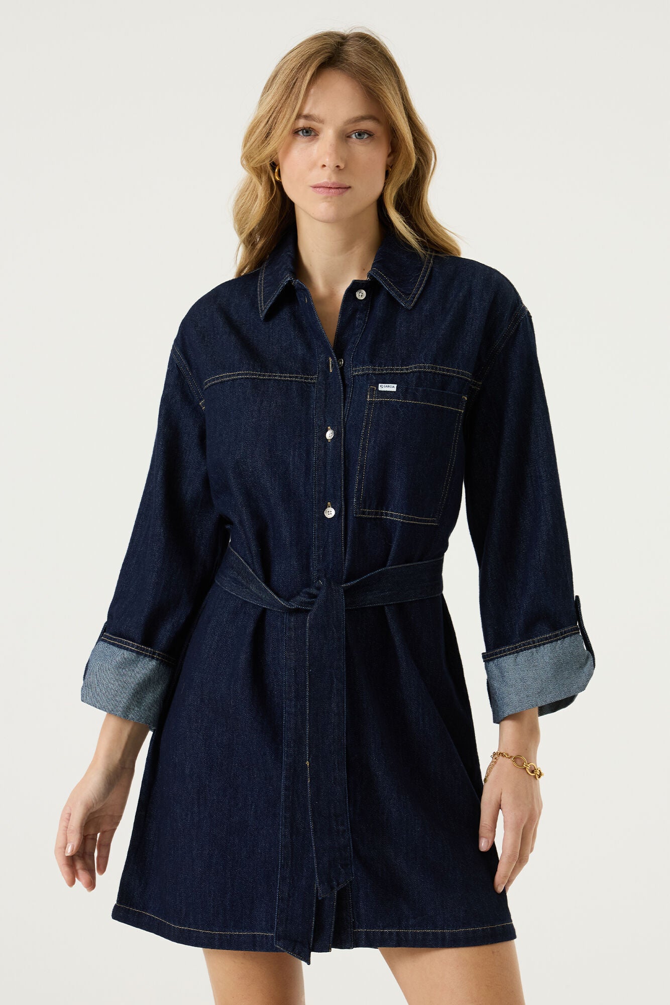 GARCIA DELPHINE Dark Blue Denim Belted Shirt Dress