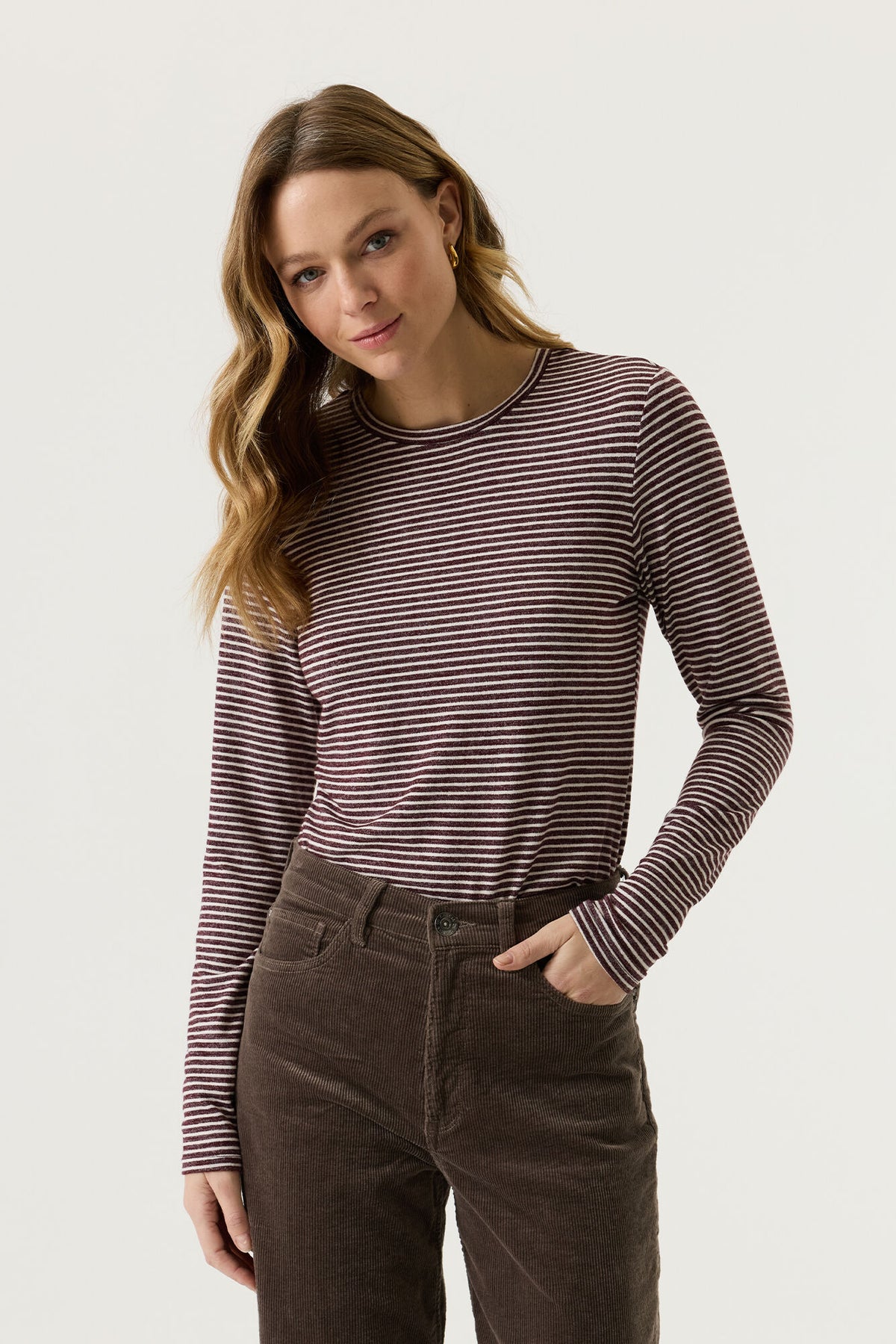 GARCIA LISA Burgundy Red & Cream Striped Long Sleeve Top