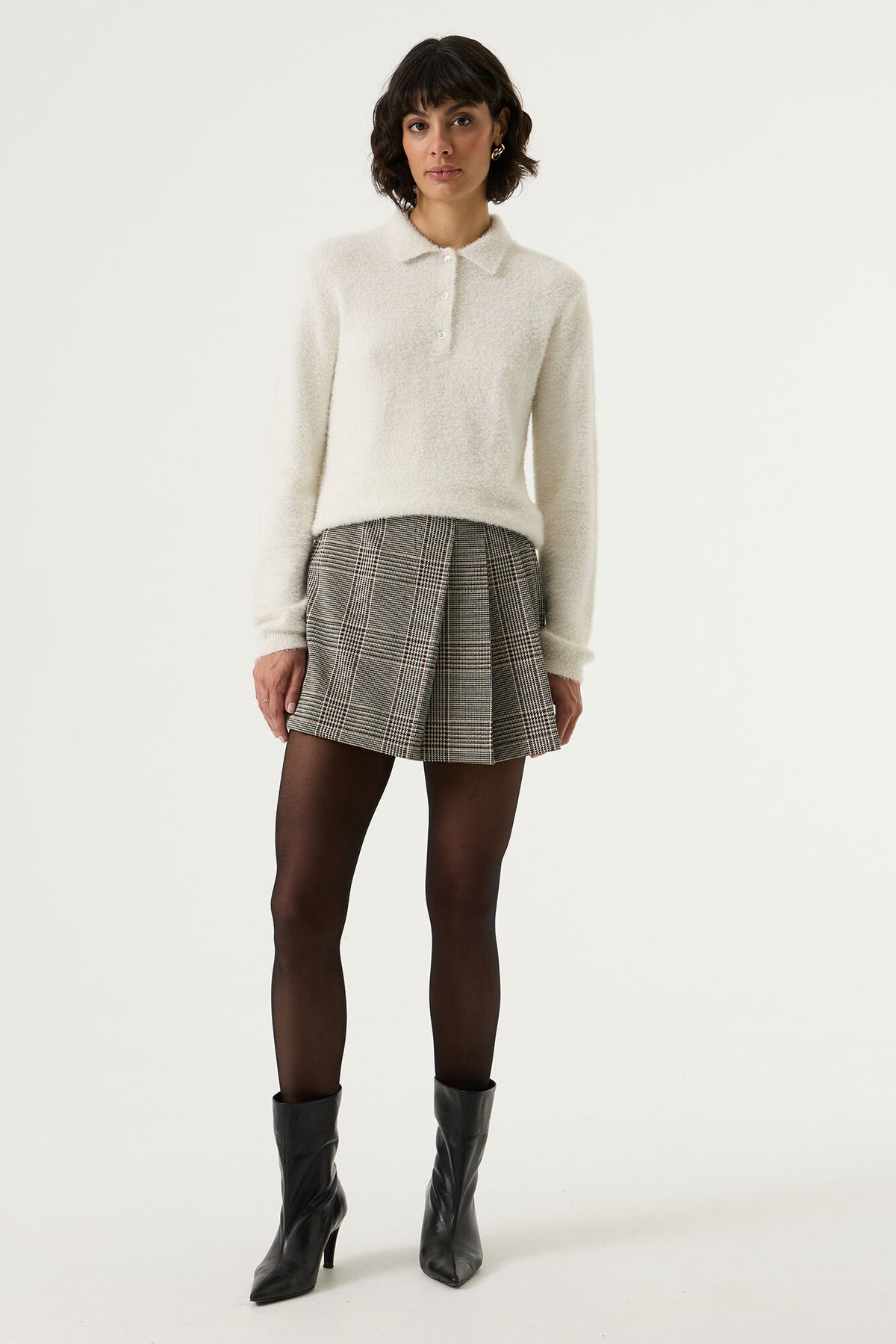 GARCIA BECCA Mini-jupe-short plissée à carreaux beige, noir et bordeaux