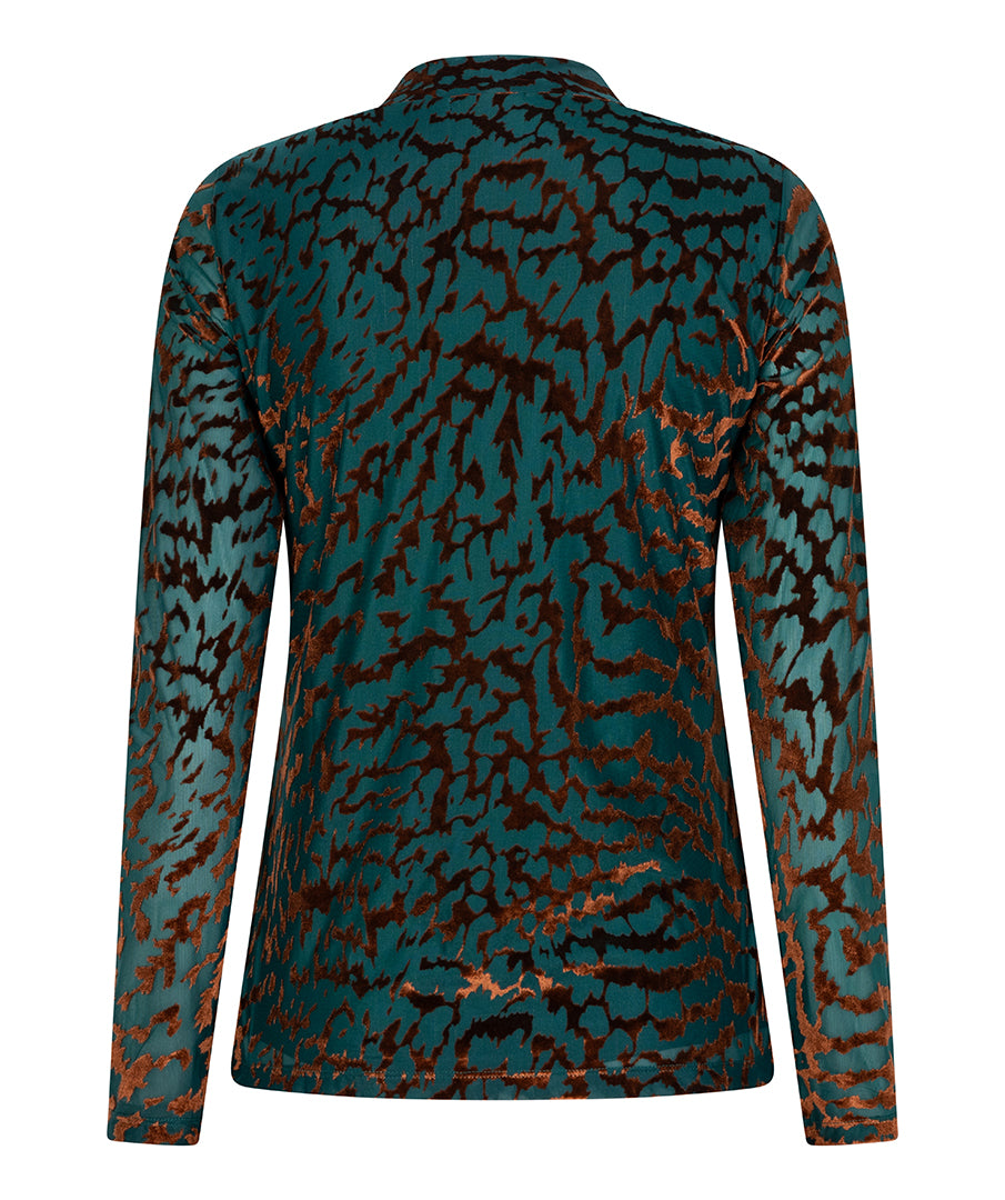 ESQUALO EMBERLY Copper & Teal Leopard Print Mesh Longsleeve Top
