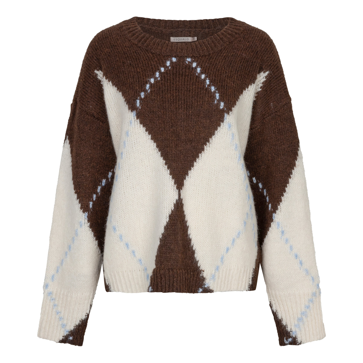 ESQUALO MAISIE Chocolate Brown, Cream & Slate Blue Argyle Knit Sweater
