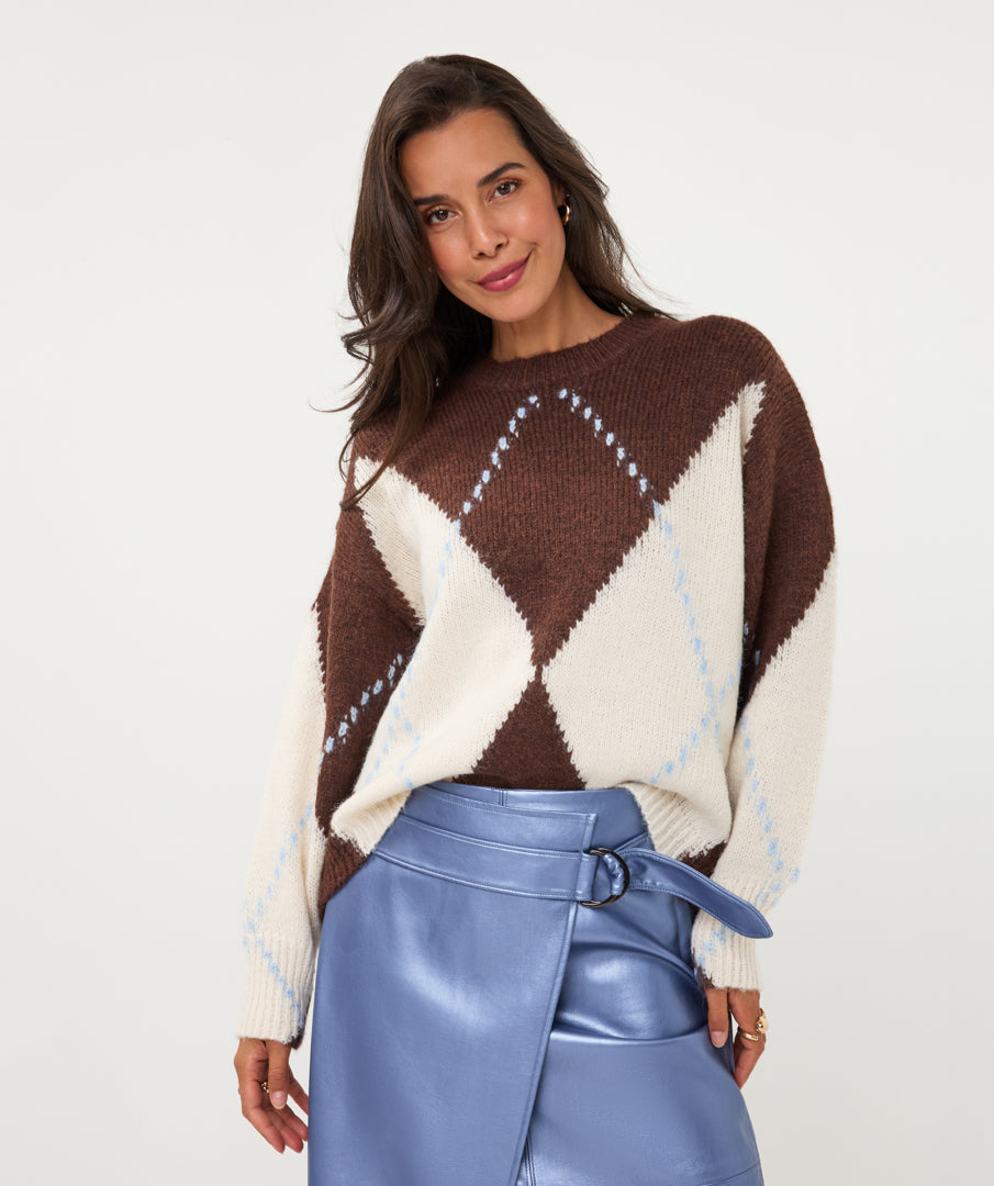 ESQUALO MAISIE Chocolate Brown, Cream & Slate Blue Argyle Knit Sweater