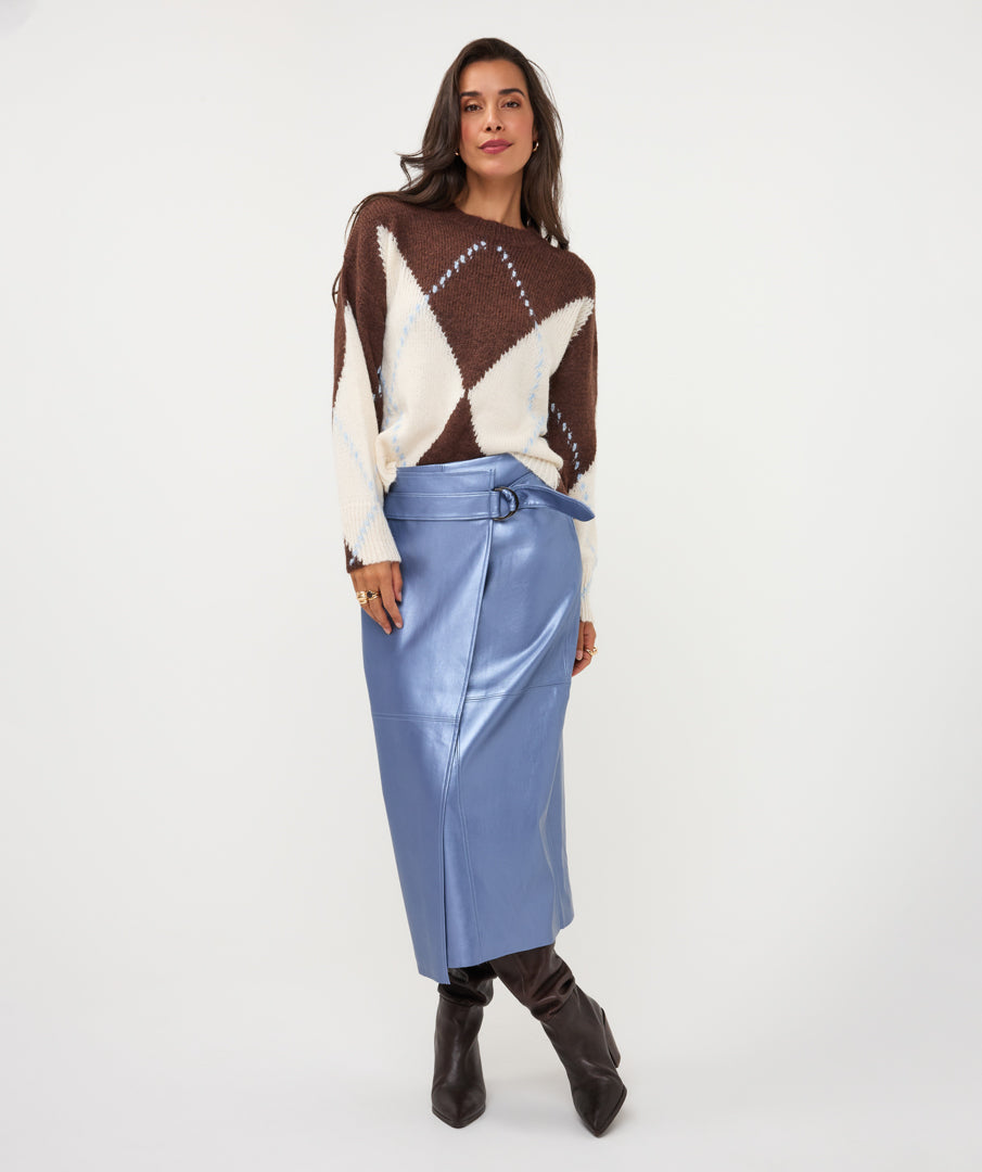 ESQUALO MAISIE Chocolate Brown, Cream & Slate Blue Argyle Knit Sweater